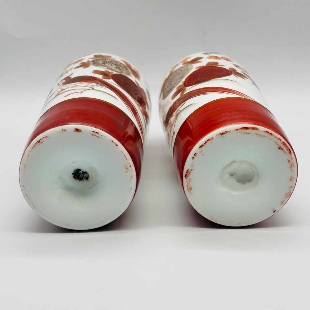 Japanese Kutani Style Milk Glass Vase Pair Bird Floral Red Gold 8" - Picture 6 of 6